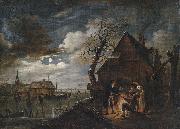 Aert van der Neer, Hollandische Kanallandschaft bei Mondschein mit Schlittschuhlaufern und einem Lagerfeuer, an dem sich Bauern warmen